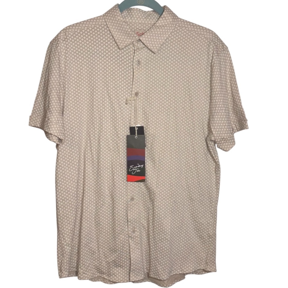 Men’s Button Front Shirt 100% Cotton Short Sleeve Khaki Diamond Pattern Small